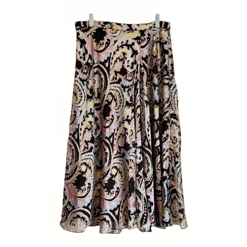 Coldwater Creek Pleated Black Paisley Long Skirt Size MP Whimsical Boho Office